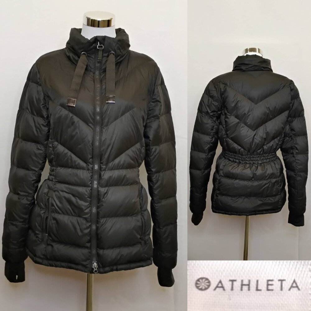 Athleta Down Puffer Jacket Women's L Dark Green Elastic Waist Full Zip #J5196